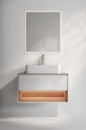 Тумба Plaza Modern/Плаза Модерн подвесная 100, нажимное открывание, 1 ящик, подсветка, белая матовая+сахара