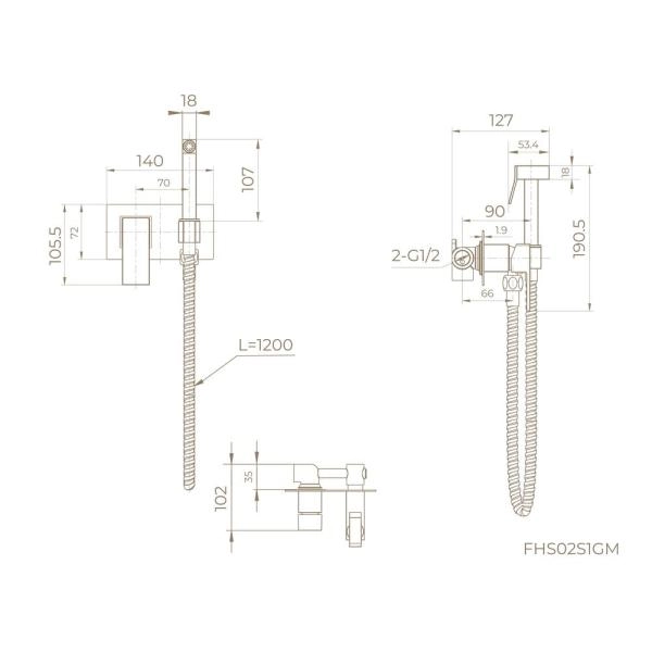 Гигиенический душ KNOTLOR MIST FHS02S1GM, со смесителем встраиваемый вороненая сталь