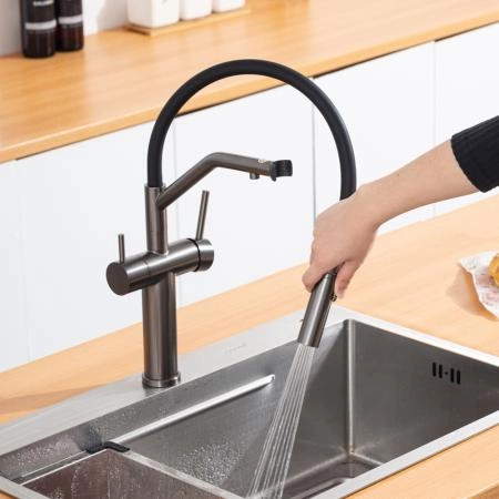 Смеситель GAPPO G4399-89 для кухни с гибким изливом и подключением фильтра, оружейная сталь
