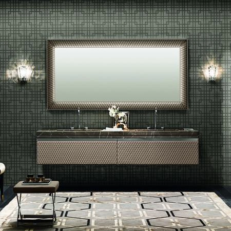VITAGE milldue edition FOUR SEASONS Комплект мебели с базой, интегрированными раковинами PLANS, зеркалом LOSANNA, 216см, подвесной, цвет: мрамор bronzo amani-B58 экокожа visione-223 черный хром