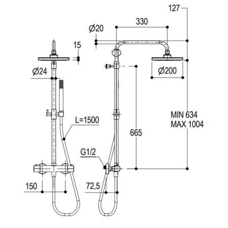 Ritmonio Shower column sets Душевая стойка, с термостатическим смесителем верхним душем из латуни D-20см., ручным душем, цвет: Brushed Black Chrome