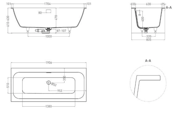 Ванна Salini ORLANDA AXIS KIT 190x80 S-Sense глянцевая 103311G