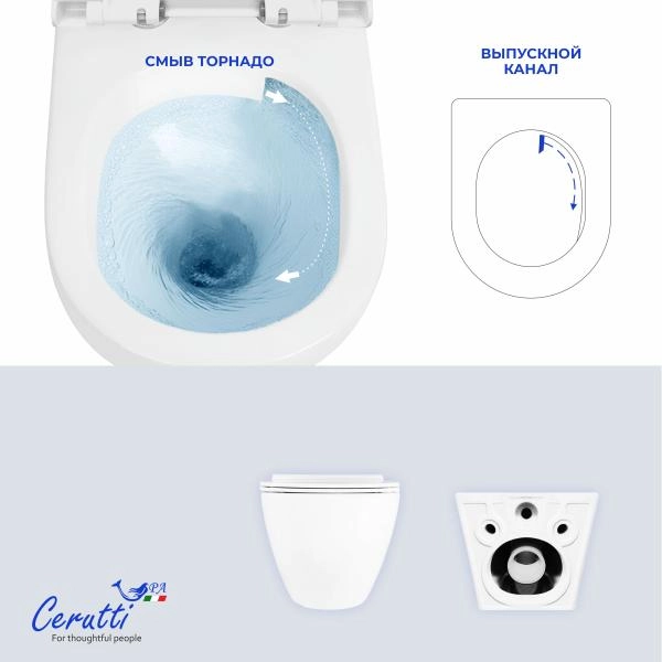Унитаз подвесной CeruttiSPA АМИЧИ (AMICI) Aria Tornado CT11388 безободковый (490х335х340)