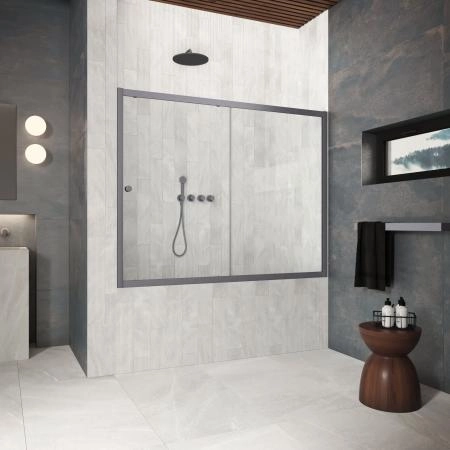 Шторка на ванную Vegas-glass ZV Protec 170 06 01, профиль GunMetal, стекло прозрачное