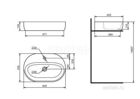 Раковина Santek Одри Round 420x620 отверстие под смеситель 1WH501710