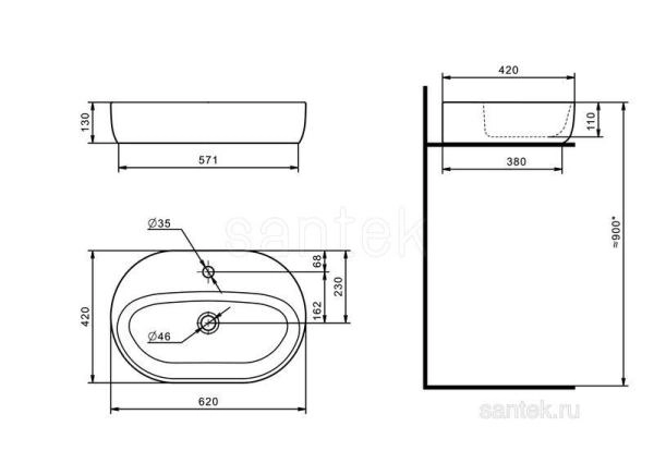 Раковина Santek Одри Round 420x620 отверстие под смеситель 1WH501710