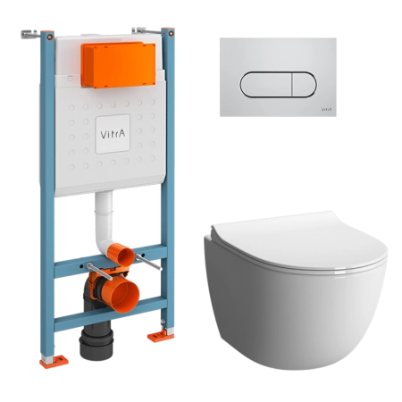 Инсталляция с унитазом VitrA Sento  9830B003-7212 комплект 4 в 1 с сиденьем микролифт безободковый цвет клавиши глянцевый хром