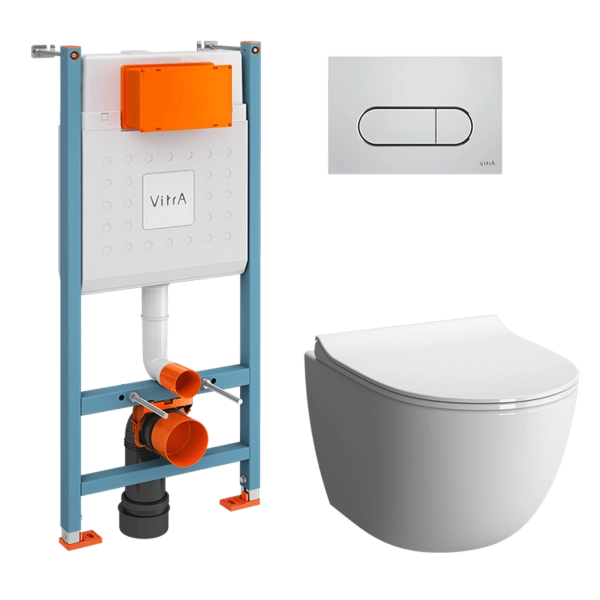 Инсталляция с унитазом VitrA Sento  9830B003-7212 комплект 4 в 1 с сиденьем микролифт безободковый цвет клавиши глянцевый хром
