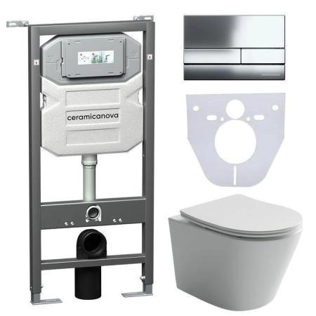 Сет 4 в 1: Подвесной унитаз Balearica Rimless арт. CN6000 + Шумоизоляционная панель для инсталляции арт. CN1000 + Система инсталляции для унитазов CERAMICANOVA Envision с кнопкой смыва Flat цвет хром, креплениями, арт. CN1002CH