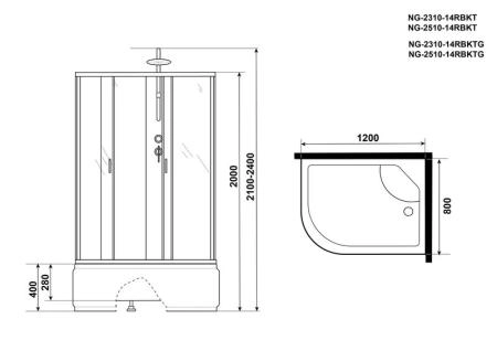 Душевая кабина Niagara NG-2510-14RBKTG 1200х800х2100-2400 высокий поддон 40см стекло тонированное