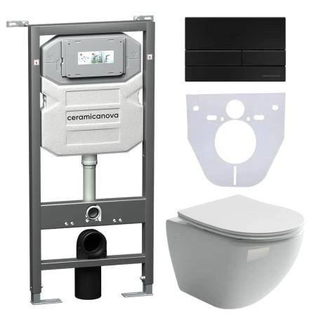 Сет 4 в 1: Подвесной унитаз Metropol Rimless арт. CN4002 + Шумоизоляционная панель для инсталляции арт. CN1000 + Система инсталляции для унитазов CERAMICANOVA Envision с кнопкой смыва Flat цвет черный матовый, креплениями, арт. CN1002B