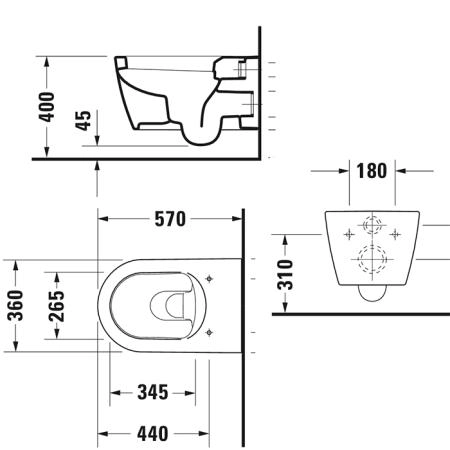 Duravit ME by Starck Унитаз подвесной с ОБОДКОМ, вкл. крепление Durafix, 4,5 л., 37х57см., цвет: белый