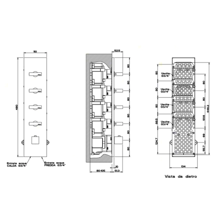 Gessi Rettangolo Встраиваемый термостатический смеситель, подключение на 3/4”, с 4мя независимыми выходами, внешняя часть, цвет: хром