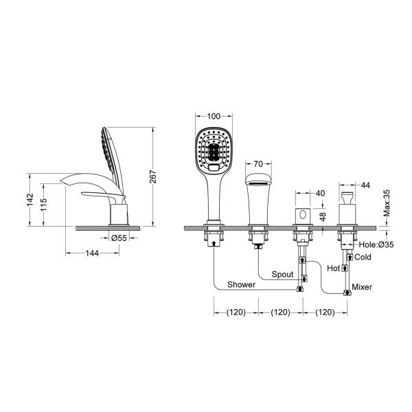 Смеситель для ванны с душем на бот ванны 4 отв., Timo Helmi 4020/03Y черный