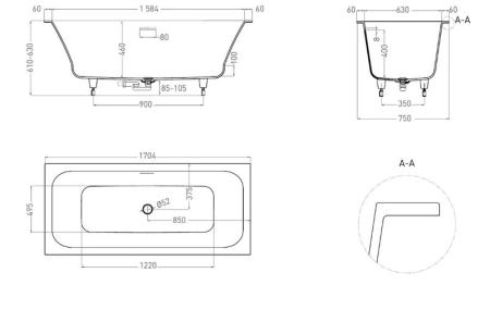 Ванна Salini ORLANDA AXIS KIT 170x75 S-Sense глянцевая 103313G