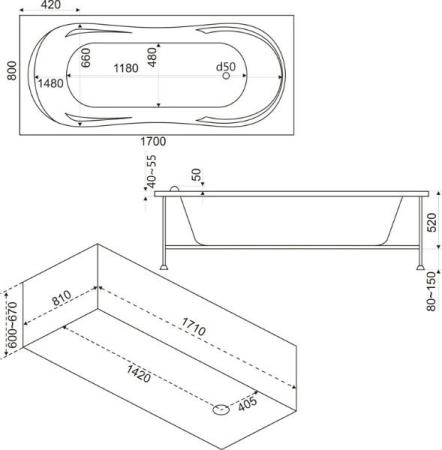 Ванна Bas Ахин 170x80 с гидромассажным оборудованием FLAT