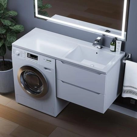 Тумба под стиральную машину Uperwood Tanos 60 см подвесная с раковиной Cosmos 120 см правая, белая