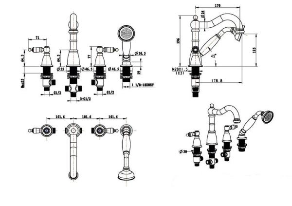 Смеситель врезной 4 отв. Boheme ROYAL CRYSTAL black, хром_Комплект 396-Royal/CRST black