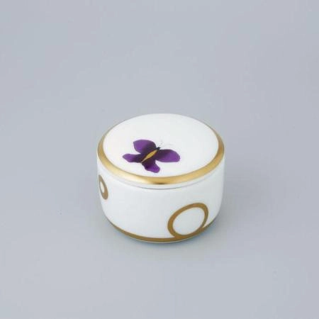 THG CAPUCINE MAUVE DECOR OR Коробка для таблеток керамическая, круглая ø55 мм., настольная, декор золото/лиловый, цвет: белый
