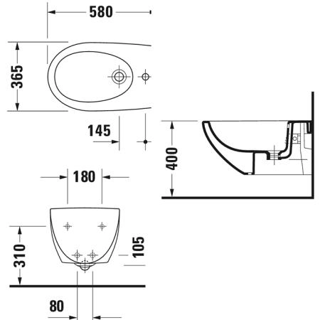 Duravit Architec Биде подвесное с перел., с плоскостью под смес.,вкл. крепление Durafix, 36х58см., цвет: белый