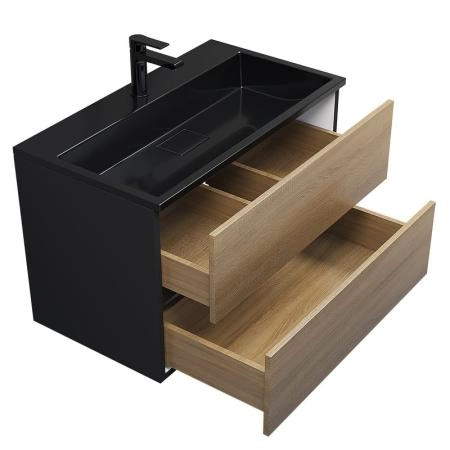 Тумба с раковиной Uperwood Barsa 80 см, раковина черная глянцевая, подвесная тумба черная/дуб сонома