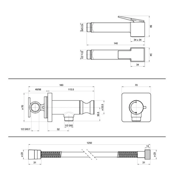 BOSSINI CUBE Гигиенический душ с прогрессивным смесителем, лейка металлическая, шланг металлический, цвет хром
