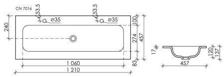 Раковина накладная Grace прямоугольная, с двумя отверстиями под смеситель 1210*457*137 мм, цвет белый