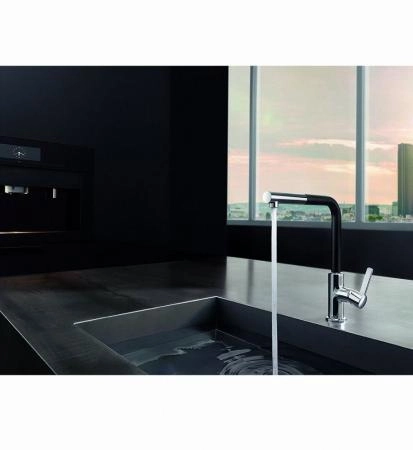 Смеситель Kludi L-Ine 408518775 для кухни, с выдвижным изливом, цвет хром-черный матовый