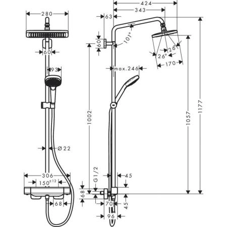 Hansgrohe 27660000 Croma E280 Душевая система для душа с термостатом 280х170/110 мм, 3 режима, Ecosmart, хром