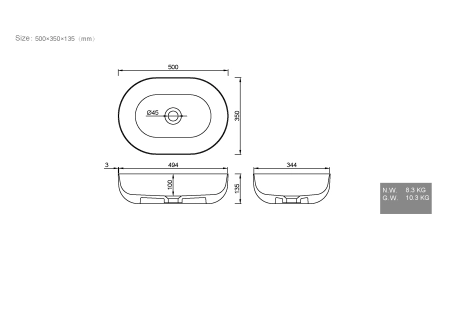Раковина-чаша Boheme кориан овальная матовая, Slim 500*350*135 879-50