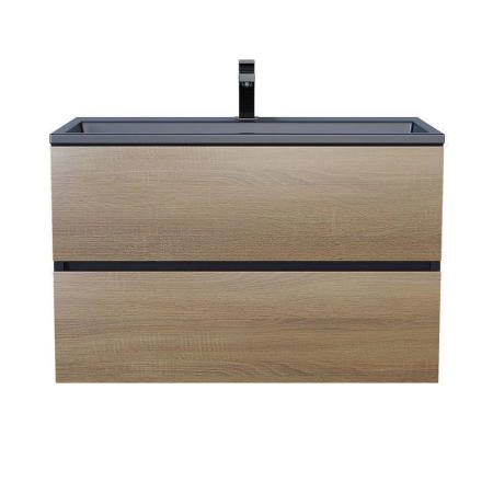 Тумба с раковиной Uperwood Barsa 80 см, раковина черная глянцевая, подвесная тумба черная/дуб сонома