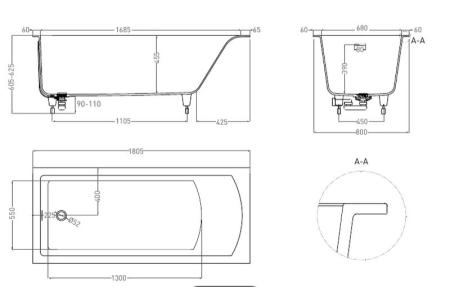 Ванна Salini CASCATA KIT 180x80 S-Sense глянцевая 104513G