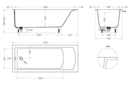 Ванна Salini CASCATA KIT 170x70 S-Sense глянцевая 104813G