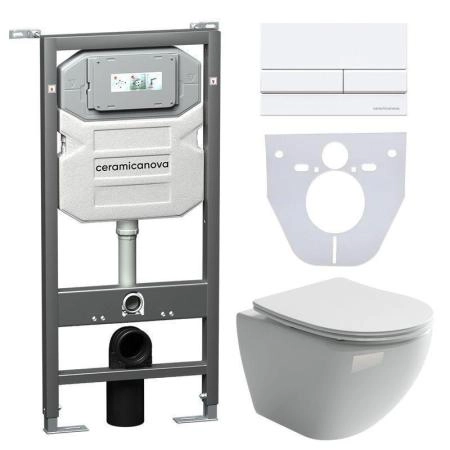 Сет 4 в 1: Подвесной унитаз Metropol Rimless арт. CN4002 + Шумоизоляционная панель для инсталляции арт. CN1000 + Система инсталляции для унитазов CERAMICANOVA Envision с кнопкой смыва Flat цвет белый, креплениями, арт. CN1002W