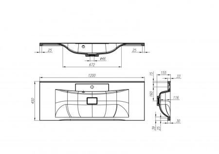 Раковина из искусственного мрамора, 1200x450x150 Белый BB1200/450-LV-MR-PR