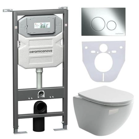 Сет 4 в 1: Подвесной унитаз Metropol Rimless арт. CN4002 + Шумоизоляционная панель для инсталляции арт. CN1000 + Система инсталляции для унитазов CERAMICANOVA Envision с кнопкой смыва Round цвет хром и креплениями, арт. CN1001CH