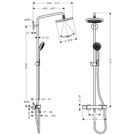 Hansgrohe 27188000 Croma Душевая система для душа с термостатом , ?220/100 мм, 4 режима, Ecosmart, хром