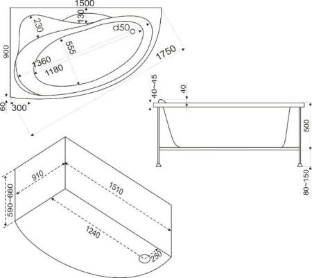 Ванна Bas Вектра 150x90 без гидромассажа левая