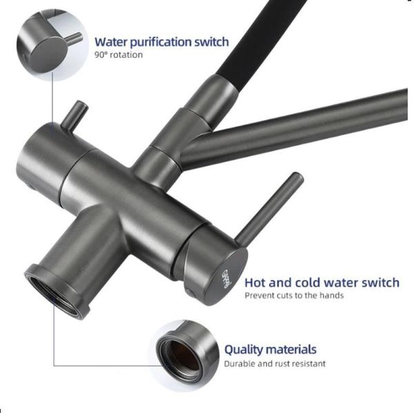 Смеситель Gappo G4398-89 для кухни с краном для фильтра оружейная сталь