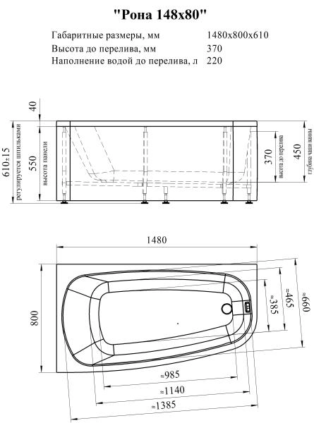 Ванна акриловая "РОНА 158х90" (правое исполнение), рама-подставка, фронтально-торцевая панель, слив-перелив автомат с сеточкой (бронза, с сифоном)