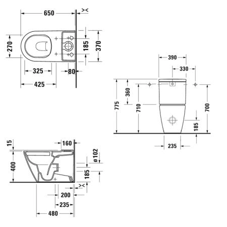 Duravit D-Neo Унитаз-моноблок 37x65см., безободковый, слив универсальный, цвет: белый