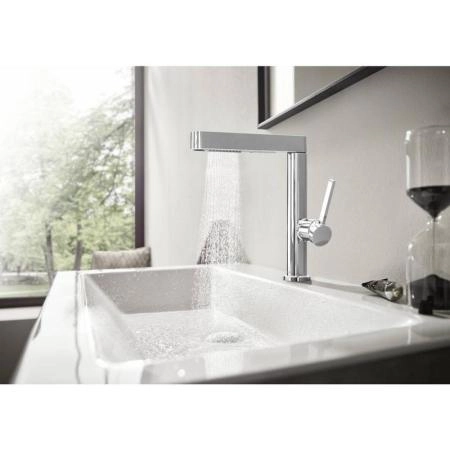 Смеситель Hansgrohe 76063000 Finoris для раковины 229 мм, PushOpen, выдвижной Г излив, 2 режима хром