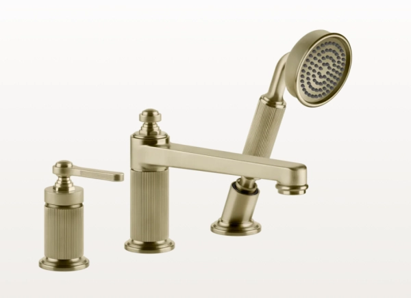 Gessi Venti20 смеситель для ванны на 3 отверстия, на горизонтальную поверхность: излив, девиатор, вытяжной душ, шланг 1500 мм, цвет Brushed Brass PVD