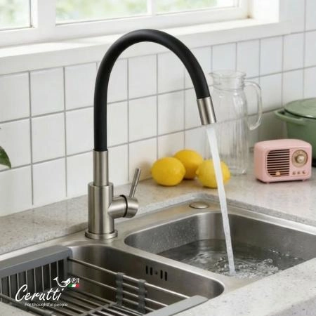 Cмеситель для кухни Ceruttispa Атэна BN-B (ATENA BN-B) из нержавеющей стали, цвет матовый никель, излив черный