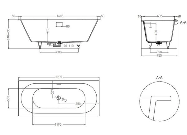 Ванна Salini ORNELLA AXIS 170x75 S-Sense покраска RAL глянцевая 103513GF