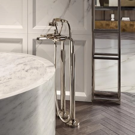 Gessi Venti20 Смеситель для ванны напольный, двухвентильный, с ручным душем и шлангом 1500 мм., внешняя часть, цвет: Brass PVD