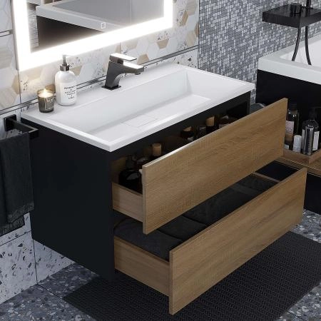 Тумба с раковиной для ванной для ванной Uperwood Barsa 70 см, раковина белая, подвесная тумба черная/дуб сонома