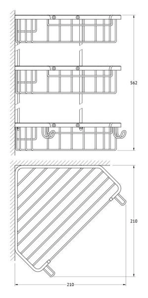 Полочка-решетка FBS Ryna RYN 009 с крючками угловая 3-х ярусная 23/23/23 cm хром