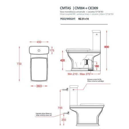 Artceram Civitas Унитаз моноблок 36x54 см, слив универсальный, цвет: белый, фурнитура хром