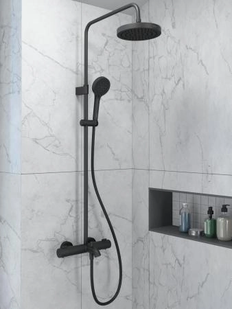 Душевая система VitrA Base Round A4730336EXP с термостатическим смесителем и ручным душем матовая черная латунь